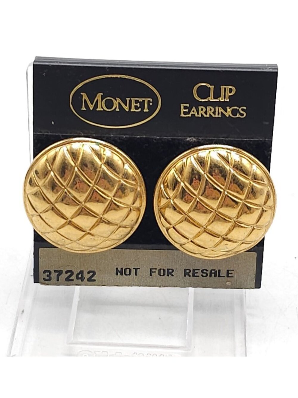 Monet Gold-Tone Clip-On Earrings With Quilted Pattern Vintage Style 1 Inch